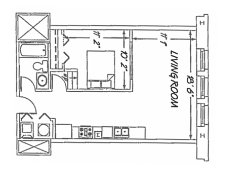 Floor plan for 1 bed, 1 bath, 573 sqft